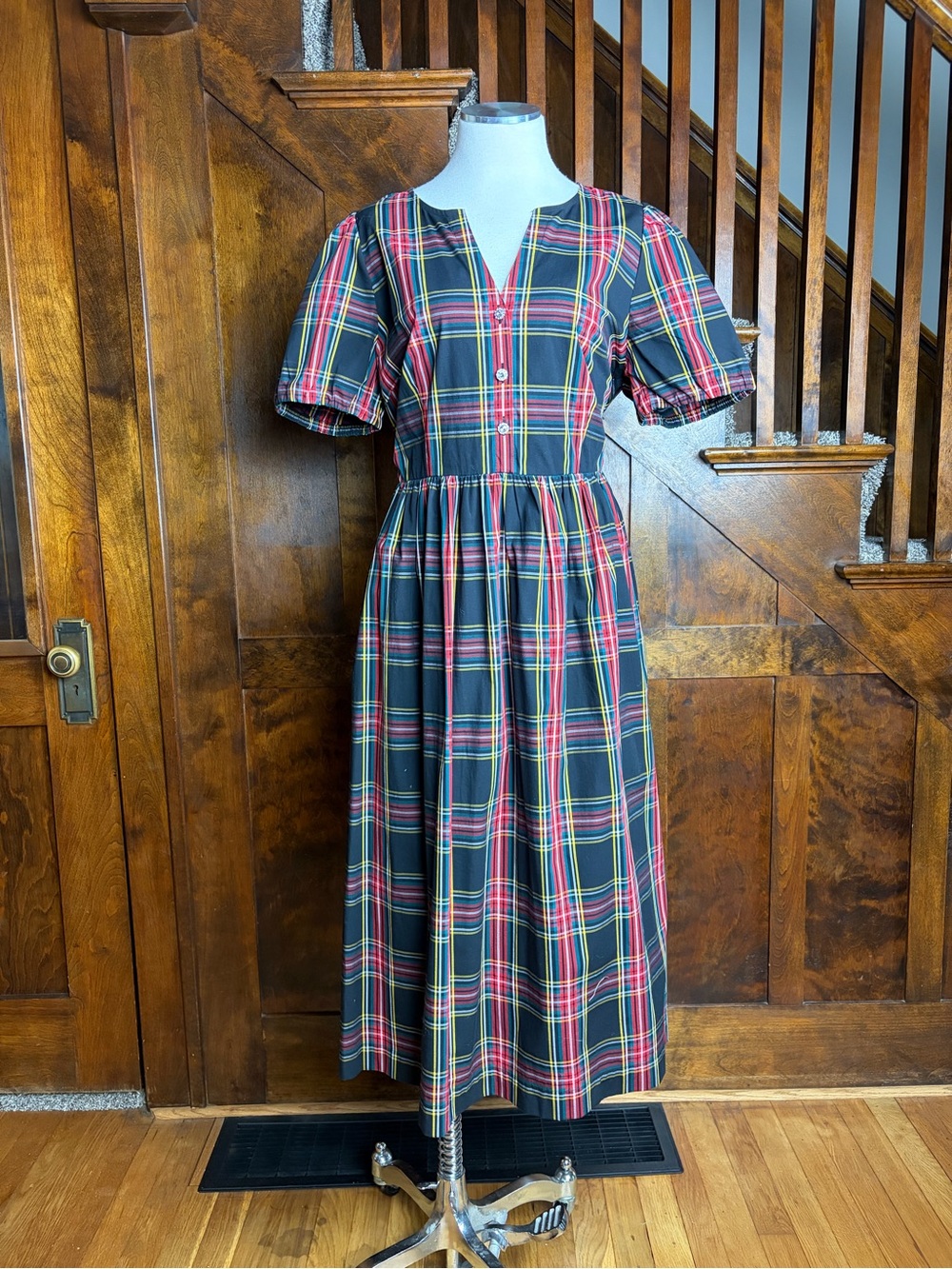 NWT J.Crew Factory Holiday Tartan Plaid Midi Dress Puff Sleeve Size 14